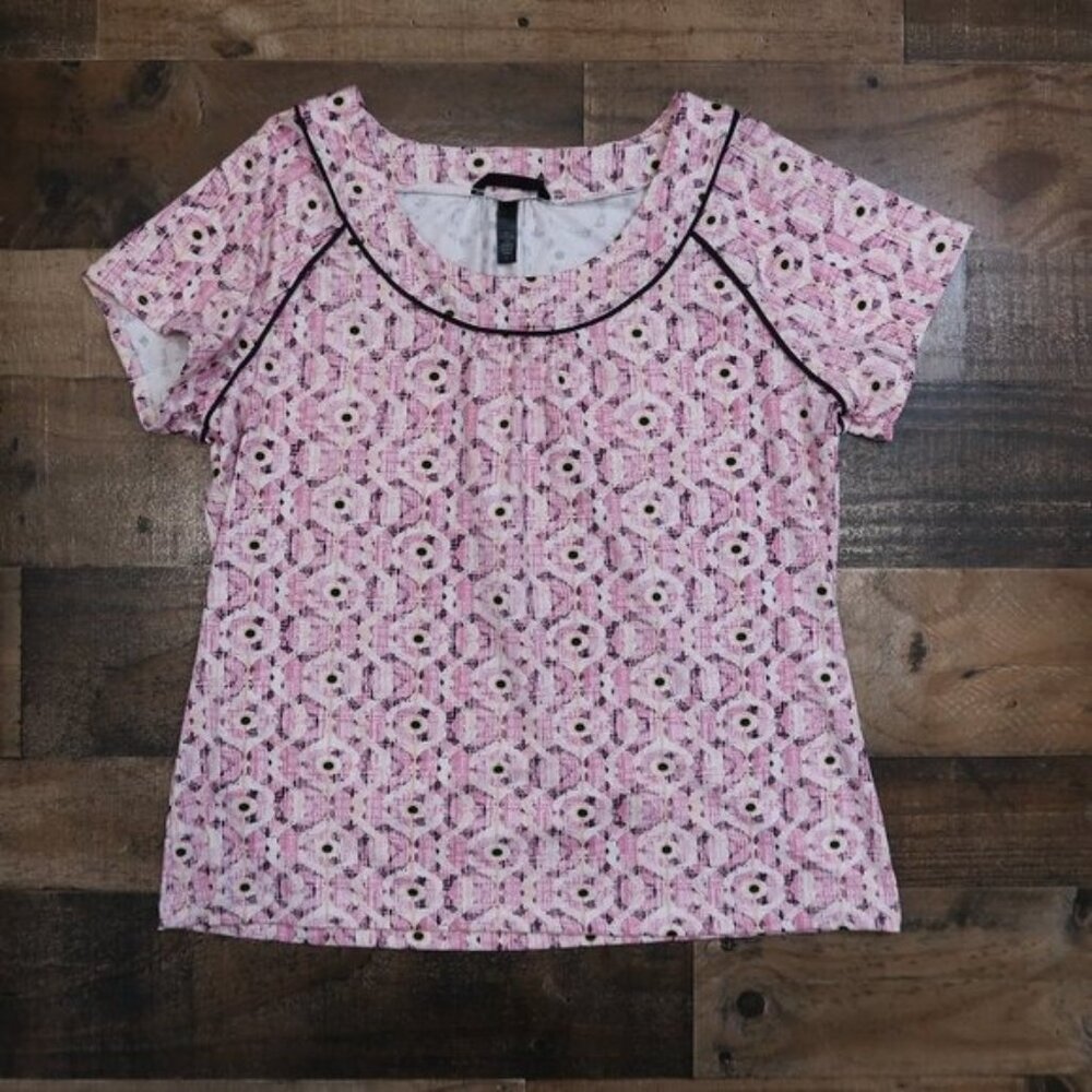 SOMA Womans Large Pink & Black Round Neck Short Sleeve Pajama Top Sleep PJs